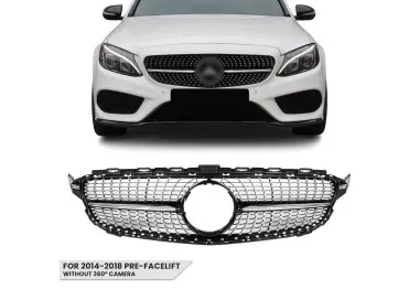 Diamond Front Grille for Mercedes-Benz W205 / S205 / C205 (14-18) pre-facelift, without camera, chrome + black