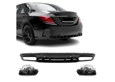 C63-style Rear bumper Diffuser + Exhaust Tips set for Mercedes W205 / S205 (14-21) with AMG-line, glossy black