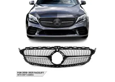 Diamond Front Grille for Mercedes-Benz W205 / S205 / C205 (18-21) facelift, with camera, chrome + black