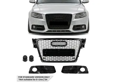 RS-style Front Central + Fog Light Grille set for Audi A4 B8 (08-12) standard version, glossy black