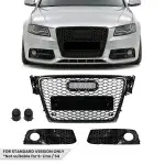 RS-style Front Central + Fog Light Grille set for Audi A4 B8 (08-12) standard version, glossy black