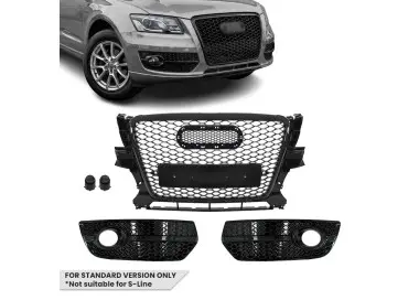 RS-style Front Central + Fog Light Grille set for Audi Q5 8R pre-facelift (09-12) standard version, glossy black