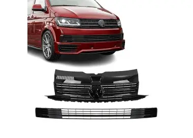 Front Upper + Lower Grille set for VW T6 (15-19), without PDC, without Distronic, glossy black