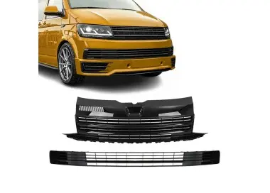 Badgeless Front Upper + Lower Grille set for VW T6 (15-19), without PDC, without Distronic, glossy black