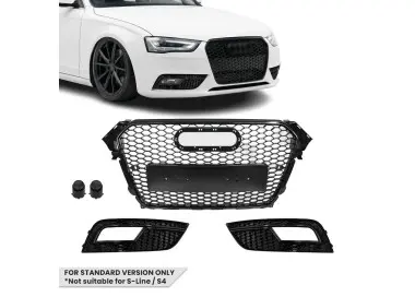 RS-style Front Central + Fog Light Grille set for Audi A4 B8.5 (12-15) standard version, glossy black