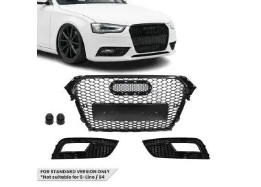 RS-style Front Central + Fog Light Grille set for Audi A4 B8.5 (12-15) standard version, glossy black