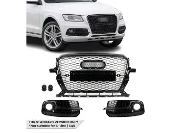 RS-style Front Central + Fog Light Grille set for Audi Q5 8R facelift (12-17) standard version, glossy black